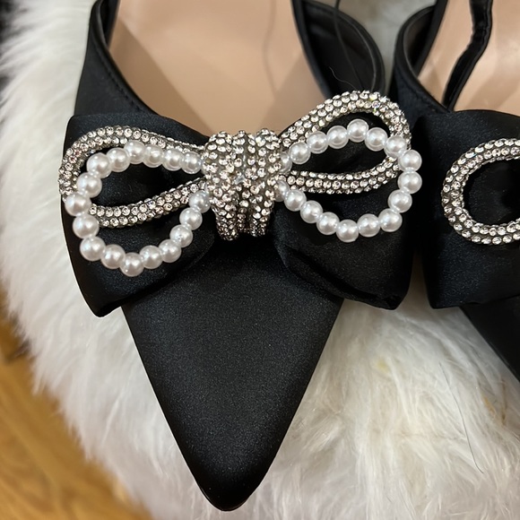Size 10 BNWT DRESS BLACK BOWTIE RHINESTONE PEARL HEELS - Picture 7 of 11